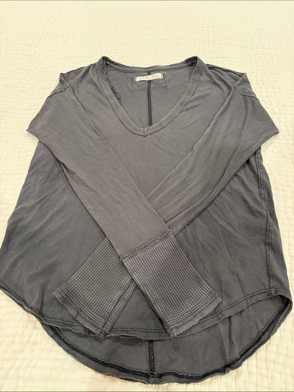 Free People Washed Charcoal V-Neck Long Sleeve Top